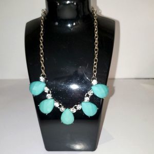 A Choker Necklace Blue Faceted Cabochons & Rhinestones Vintage 80's Silver Tone